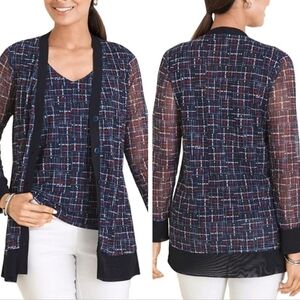 Chico's, Navy Tweed Print Mesh Cardigan Button Front Topper Womens Size XL